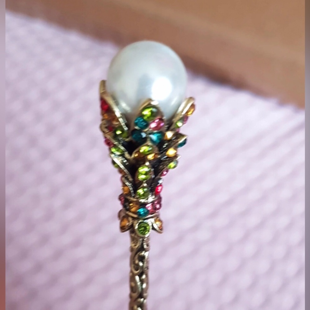 Elegant Gold Hair Stick with Pearl and Multicolor Accents Hairpin Bride Jewelry - Picture 6 of 6